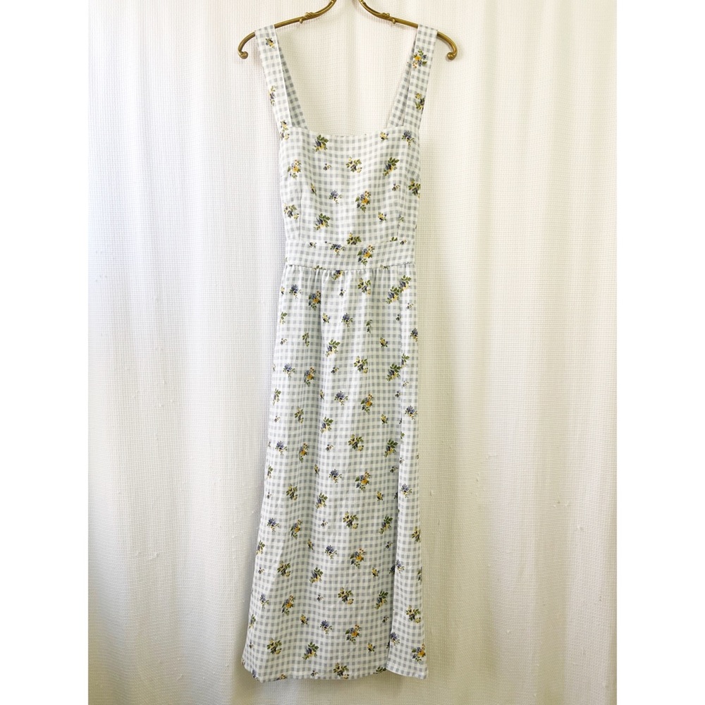 Reformation floral, gingham, linen midi dress